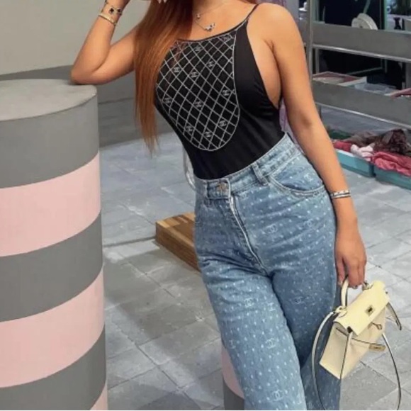 Chanel 23C Black Silver Crystal CC Logo One Piece Swimsuit Runway Bathingsuit 38 - Picture 8 of 16